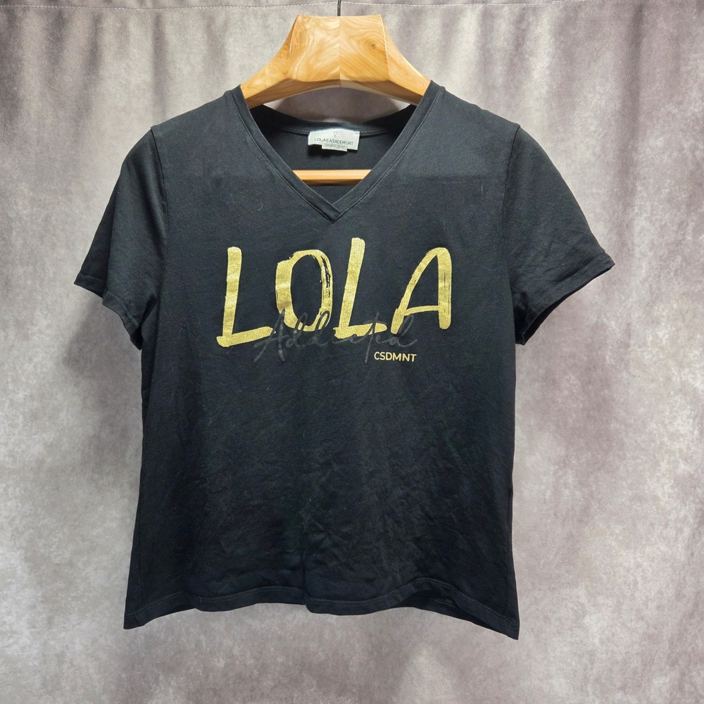 Lola Casademunt Black V-Neck Graphic Logo T-Shirt Gold Accents XL Made in Spain
